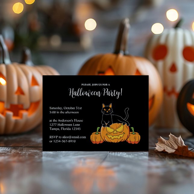 Convite Festa Negra de Halloween Cat & Pumpkin Impressão (Black Stylish Halloween Party Cat & Pumpkin Print Invitation)
