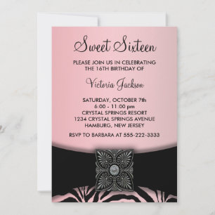 Convite Festa Negra Negra-Rosa Zebra Doce Dezesseis