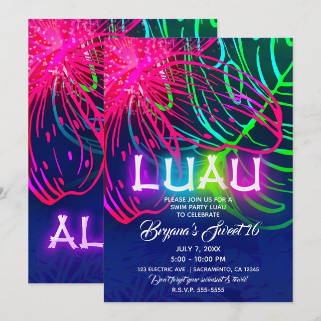 Convite Festa Neon Tropical Luau Elétrico Aloha (Frente/Verso)