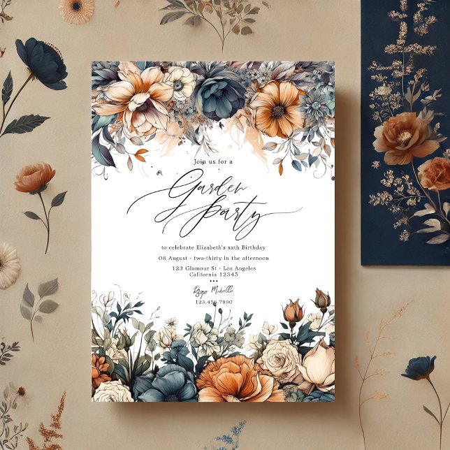 Convite Festa no Jardim Azul-Marinho, Laranja Queimada e C (Navy Blue, Burnt Orange and Champagne Garden Party Invitation)