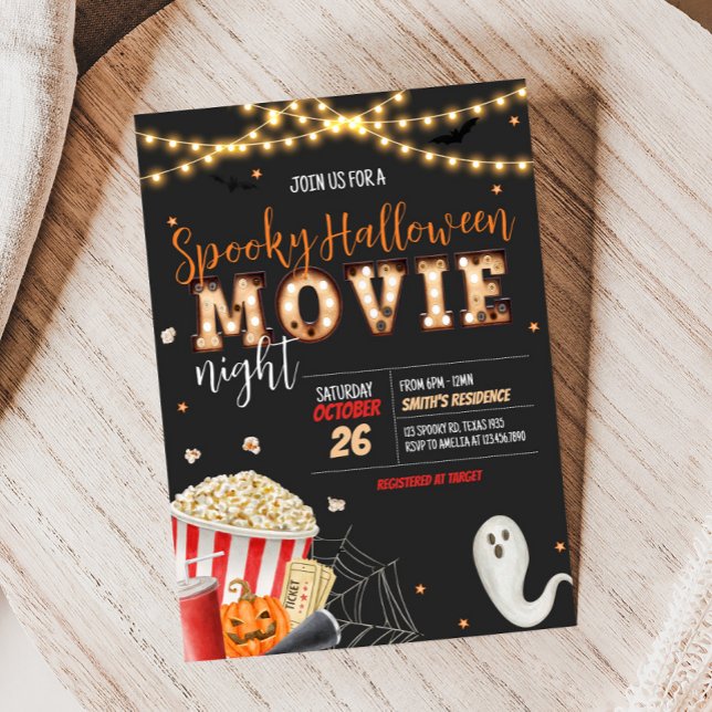 Convite Festa Noite de Cinema de Halloween Spooky (Spooky Halloween Scary Movie Night Party Invitation)