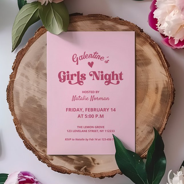 Convite Festa Noturna das Meninas da Galentina Rosa-Rosa-G (galentines girls night cute pink party invitation)