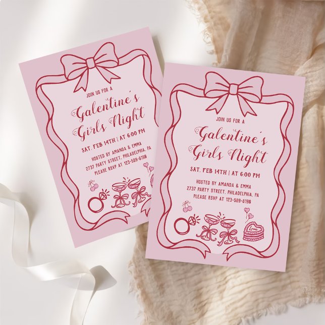 Convite Festa Noturna das Meninas Galentines com Laço Rosa (Criador carregado)