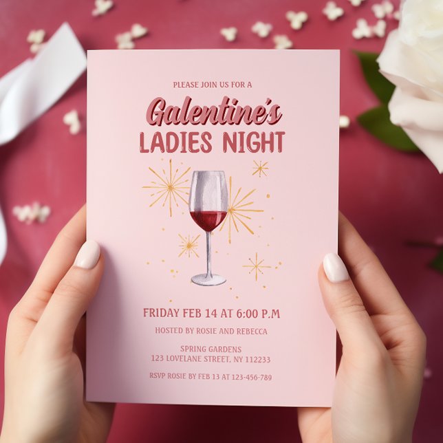 Convite Festa Noturna de Vidro de Galentine (wine glass galentines ladies night party invitation )