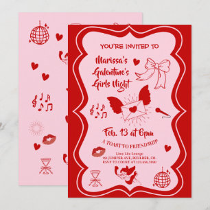 Convite Festa Noturna Rosa de Galentine Corações Desenhado