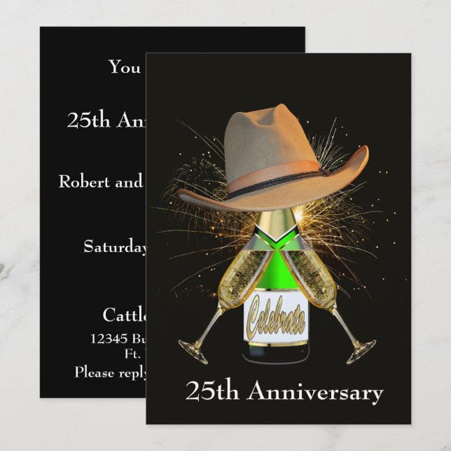 Convite Festa Ocidental Champanhe E Chapéu De Cowboy Perso (Frente/Verso)