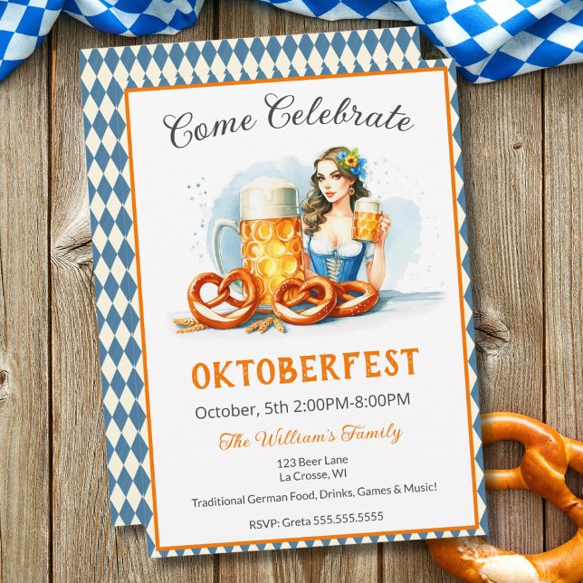 Convite Festa Oktoberfest com cerveja e pretzels ai  (Criador carregado)