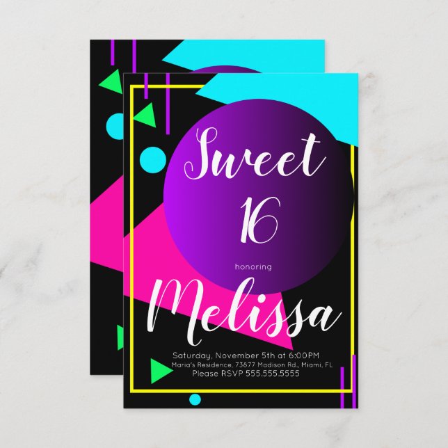 Convite Festa Orgânica Sweet 16 Anos com Neon que Brilha n (Frente/Verso)