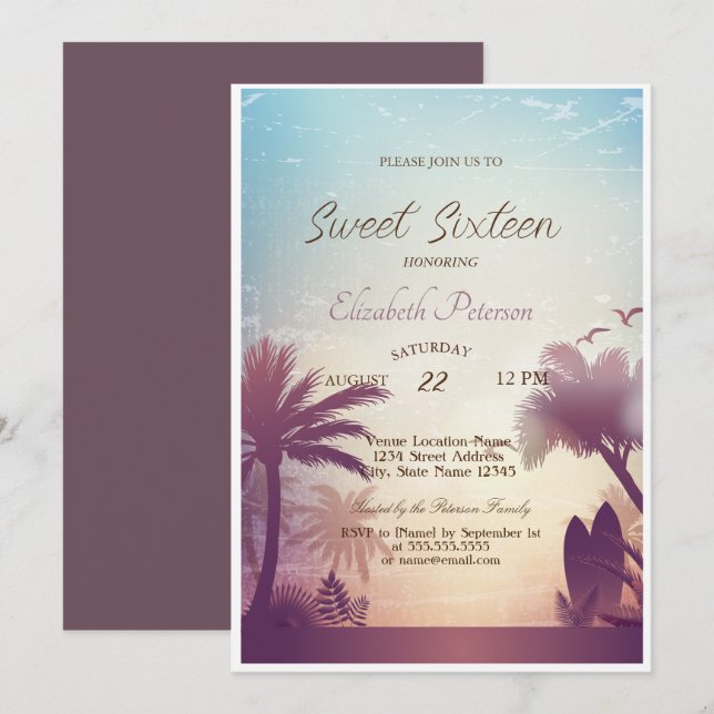 Convite Festa Palms Beach Surfboard Sweet 16   (Frente/Verso)