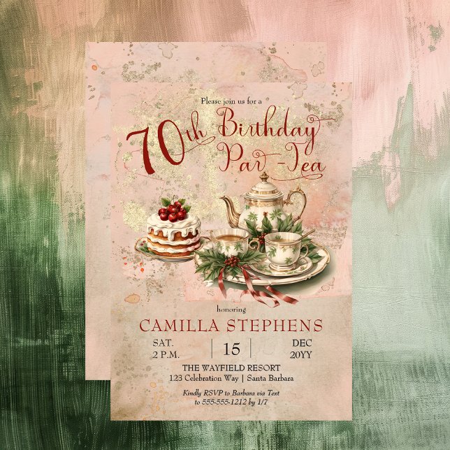 Convite Festa Par-Tea de Aniversário do Elegante Winter 70 (Elegant Winter Floral Tea Set Holly and Berries 70th Birthday Par-Tea Party Invitation)