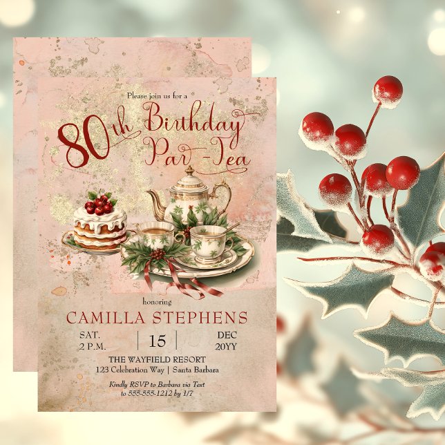 Convite Festa Par-Tea de Aniversário do Elegante Winter 80 (Elegant Winter Floral Tea Set Holly and Berries 80th Birthday Par-Tea Party Invitation)
