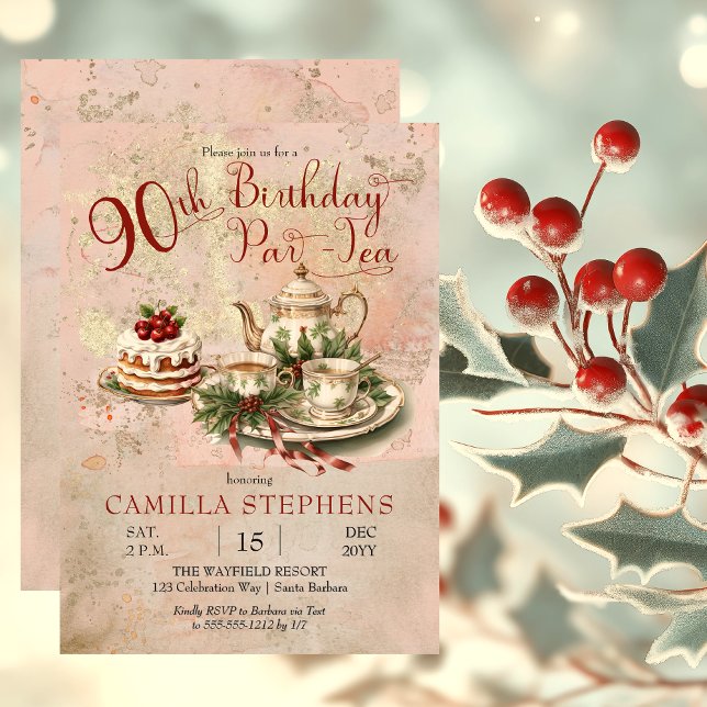 Convite Festa Par-Tea de Aniversário do Elegante Winter 90 (Elegant Winter Floral Tea Set Holly and Berries 90th Birthday Par-Tea Party Invitation)