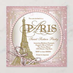 Convite Festa Paris Sweet 16 Rosa e Pérola Dourada