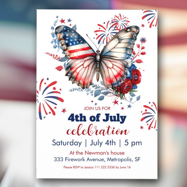 Convite Festa Patriótica de Borboleta e Fireworks 4 de jul (Patriotic Butterfly & Fireworks 4th of July Party Invitation)