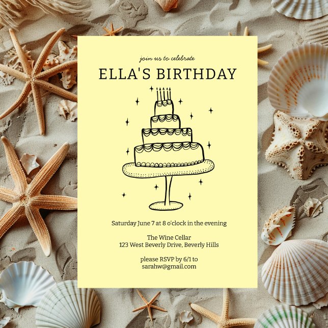 Convite Festa Personalizada de Bolo de Bolo de Bolo de Bri (Whimsical Birthday Cake Doodle Cute Custom Party Invitation
)