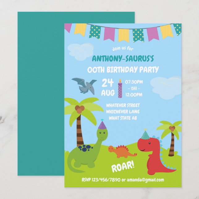 Convite Festa Personalizada de Dinossauro Fofa (Frente/Verso)