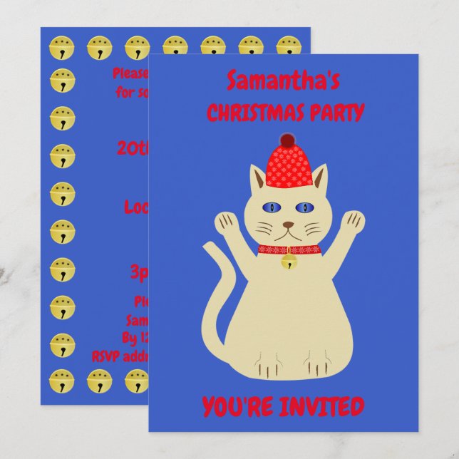 Convite Festa Personalizada de Gato de Natal Bonito (Frente/Verso)