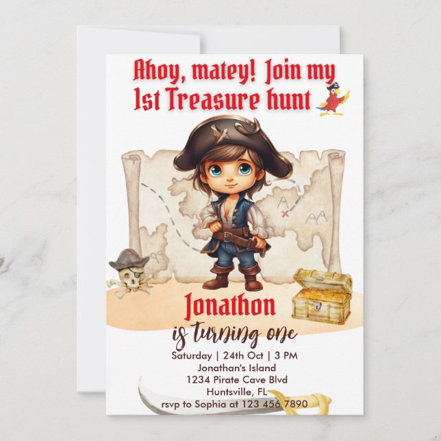 Convite Festa Personalizável de Piratas de Aniversário (Frente)
