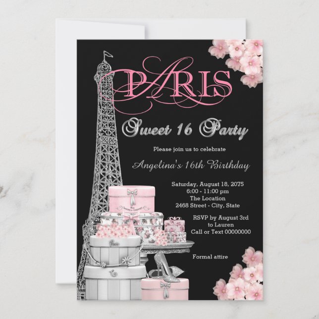 Convite Festa Pink Paris Sweet 16 (Frente)