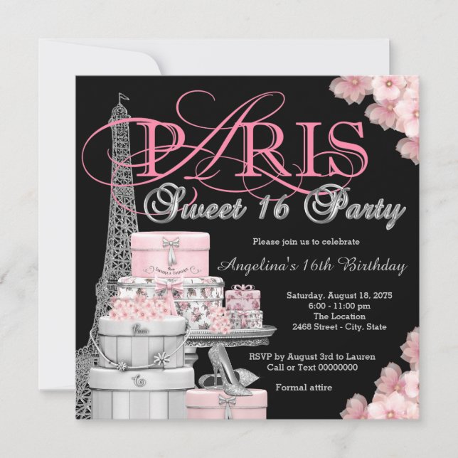 Convite Festa Pink Paris Sweet 16 (Frente)