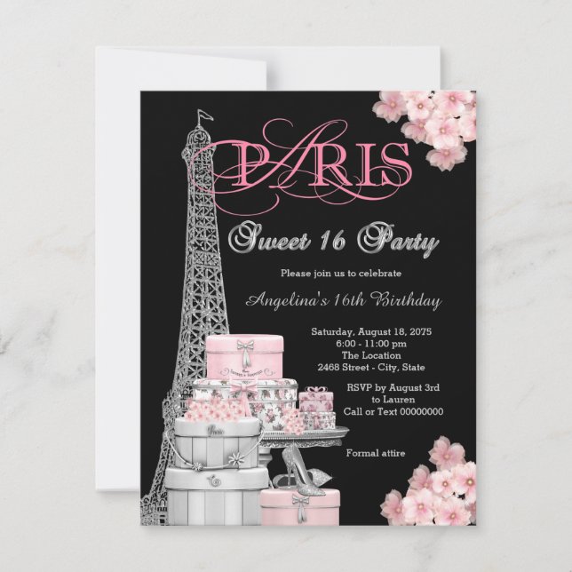 Convite Festa Pink Paris Sweet 16 (Frente)