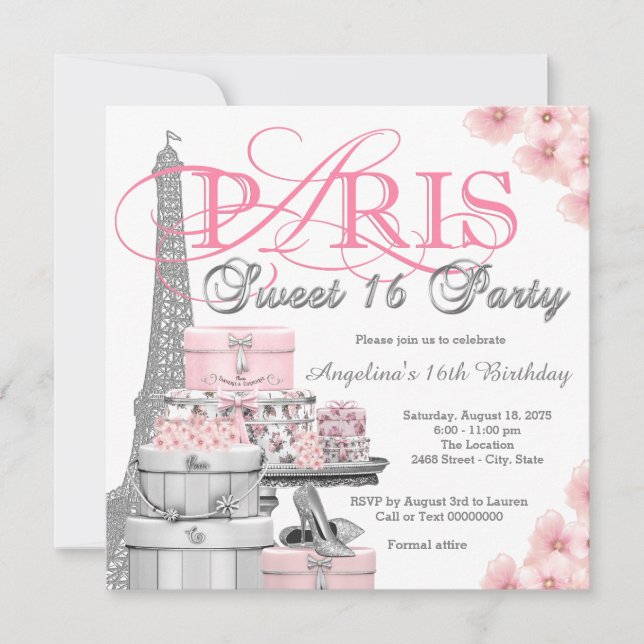 Convite Festa Pink Paris Sweet 16 (Frente)