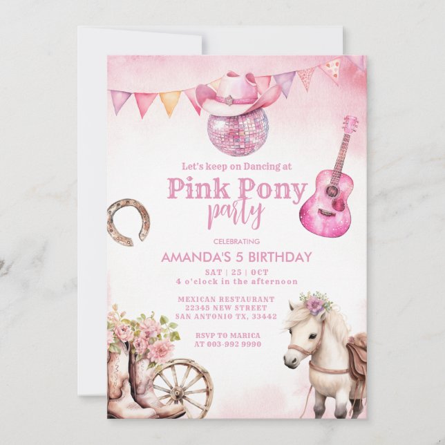 Convite Festa Pink-Pony Country Western Girl Aniversário (Frente)