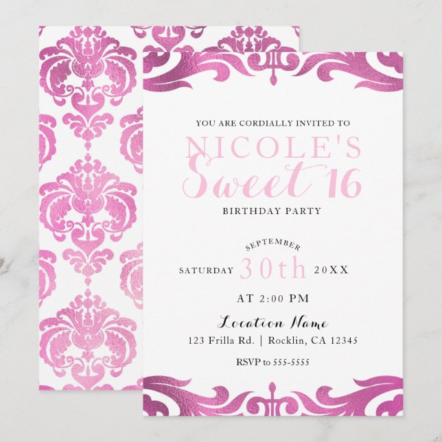 Convite Festa Pink & White Damask Chic Elegante Doce 16 (Frente/Verso)