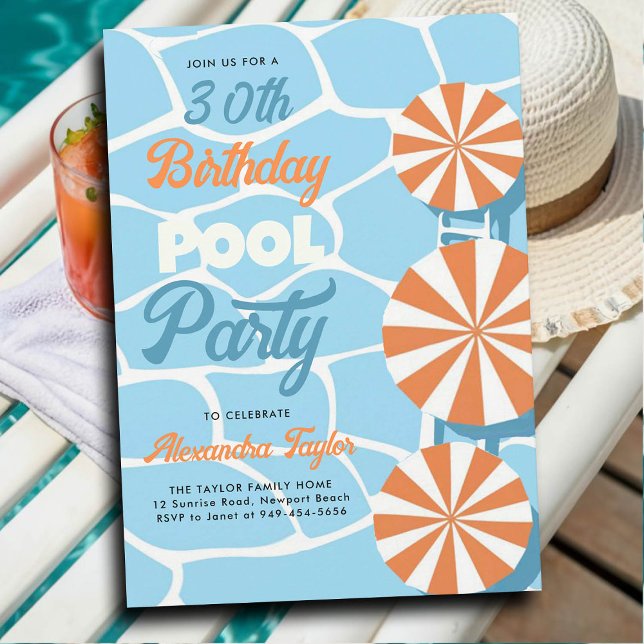Convite Festa piscina Verão Azul Laranja Guarda-chuvas Ani (30th birthday party ideas for women pool umbrellas orange teal blue personalized invitation summer)