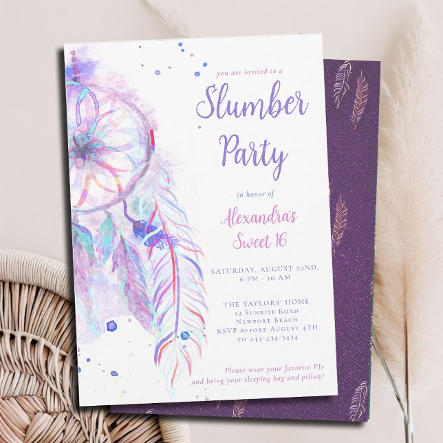 Convite Festa PJ Roxo Dreamcatcher Doce 16 (sweet 16 slumber invitation birthday pj sleepover dreamcatcher purple pink watercolor whimsical)