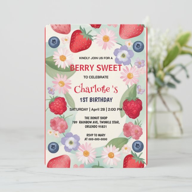 Convite Festa primeiro aniversario de morangos vermelhos p (Em pé/Frente)
