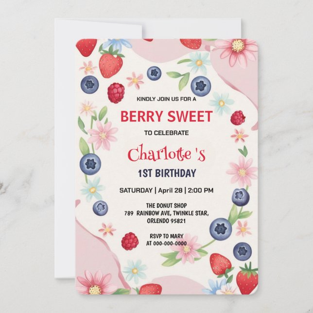 Convite Festa primeiro aniversario de morangos vermelhos p (Frente)