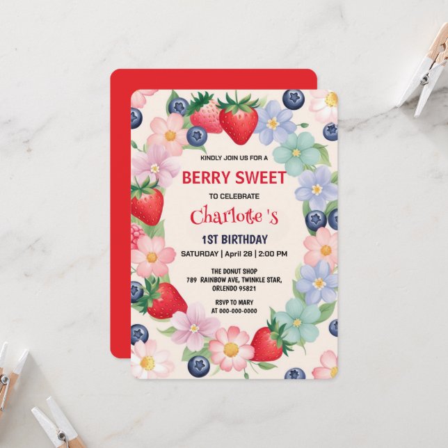 Convite Festa primeiro aniversario de morangos vermelhos p (Frente/Verso In Situ)