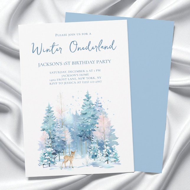 Convite Festa primeiro aniversario de Wonderland Winter Wo (Blue Woodland Winter Wonderland 1st Birthday Party Invitation)