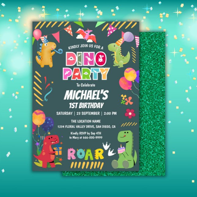 Convite Festa primeiro aniversario dos Dinossauros Cutes (Dinosaur Birthday Party Invitation)