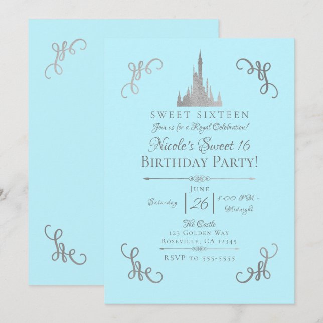 Convite Festa Princesa Conto de Fadas Silver & Blue Sweet  (Frente/Verso)