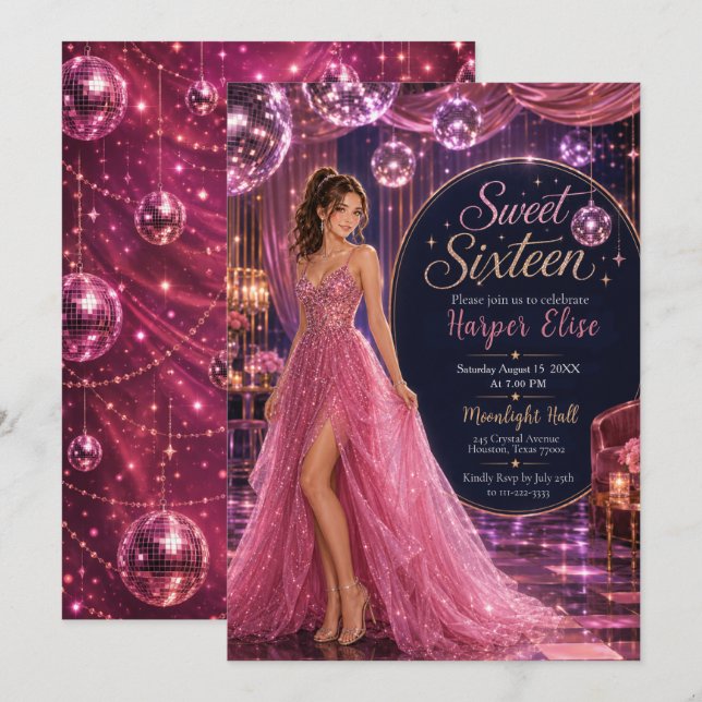 Convite Festa Princesa Sweet 16 Disco Rosa (Frente/Verso)