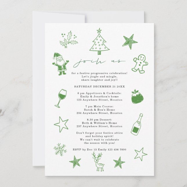 Convite Festa Progressiva de Natal com Doodles Festivos (Frente)