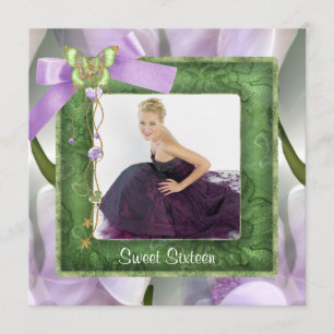 Convite Festa Purple Green Butterfly Foto Sweet 16