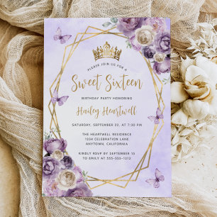 Convite Festa Purple Ivory Gold Geométrico Floral Doce 16