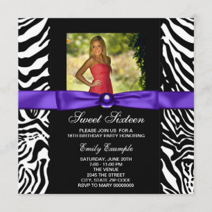 Convite Festa Purple Zebra Photo Sweet 16