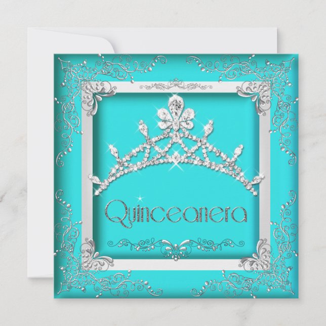 Convite Festa Quinceanera 15 Turquoise Silver Tiara 15 (Frente)