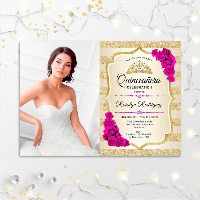 Convite Festa Quinceanera Com Foto - Dourado Rosa (Criador carregado)