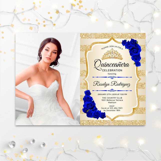 Convite Festa Quinceanera com Foto - Dourado Royal Blue (Criador carregado)