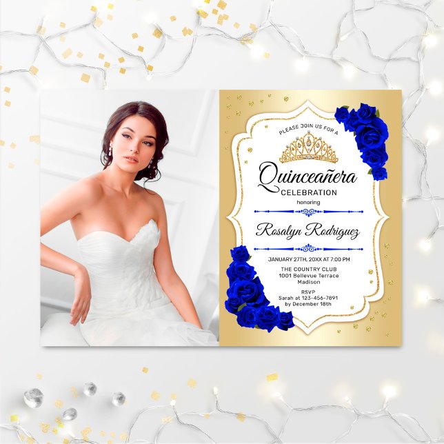 Convite Festa Quinceanera com Foto - Dourado Royal Blue (Criador carregado)