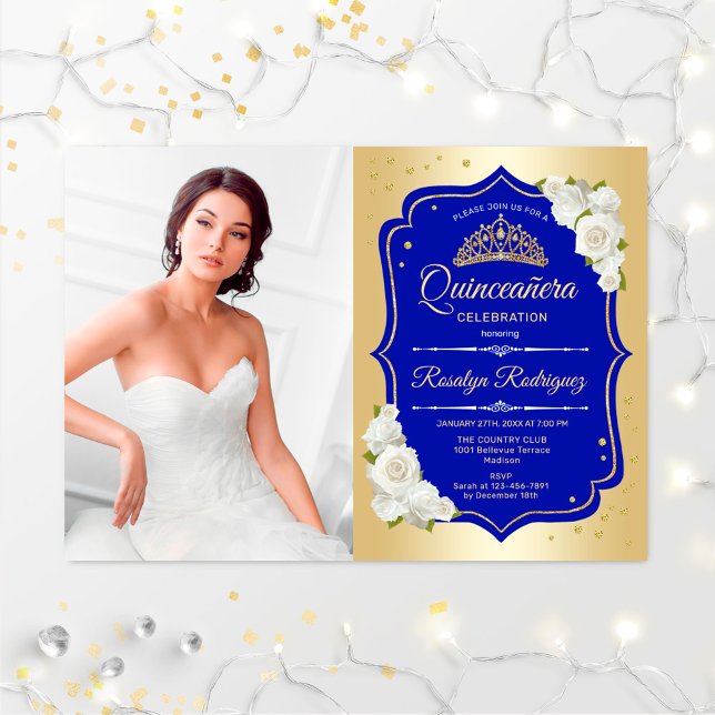 Convite Festa Quinceanera com Foto - Dourado Royal Blue (Criador carregado)