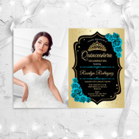 Festa Quinceanera Com Foto - Dourado Teal Negro
