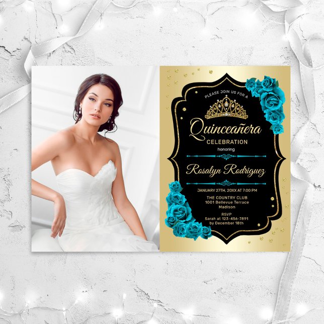 Convite Festa Quinceanera Com Foto - Dourado Teal Negro (Criador carregado)