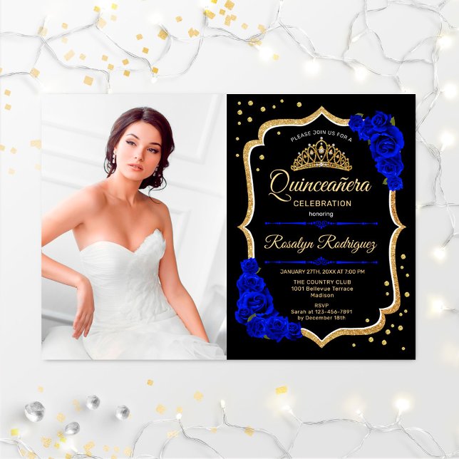 Convite Festa Quinceanera com Foto - Royal Blue Dourado (Criador carregado)