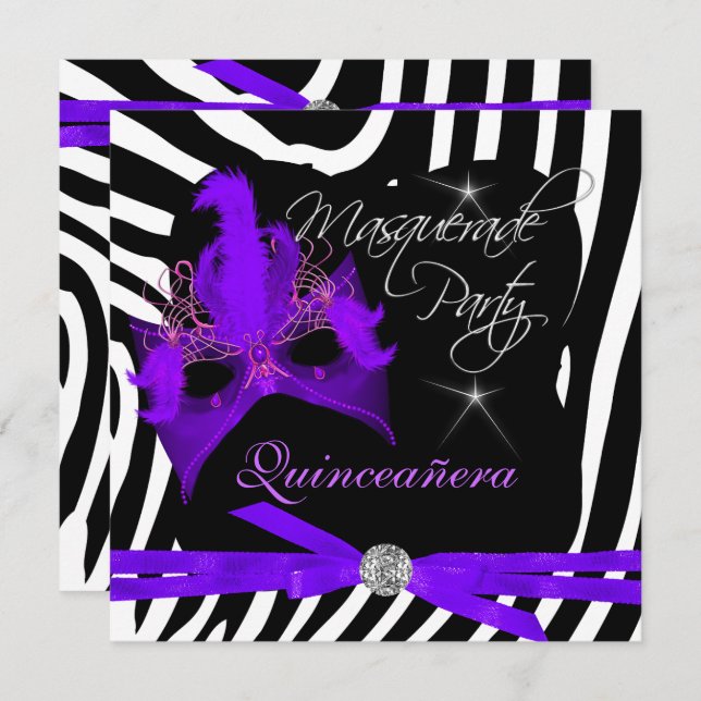 Convite Festa Quinceanera Mascarada Purple Zebra (Frente/Verso)